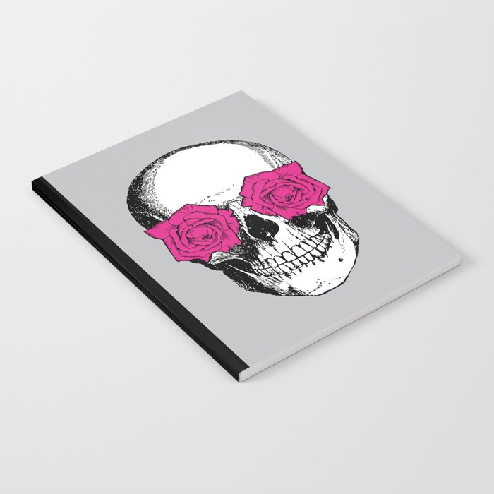 Skull and Roses | Skull and Flowers | Vintage Skull | Grey and Pink | Notebook