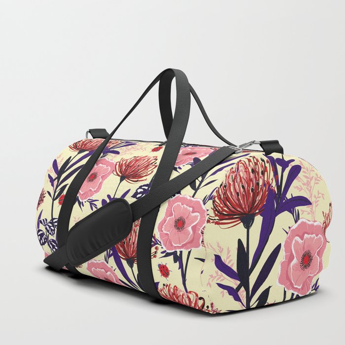 Sketched flower design in bright colors seamless pattern vintage in retro mood in the garden fashion, fabric and all designs on beige background color Duffle Bag