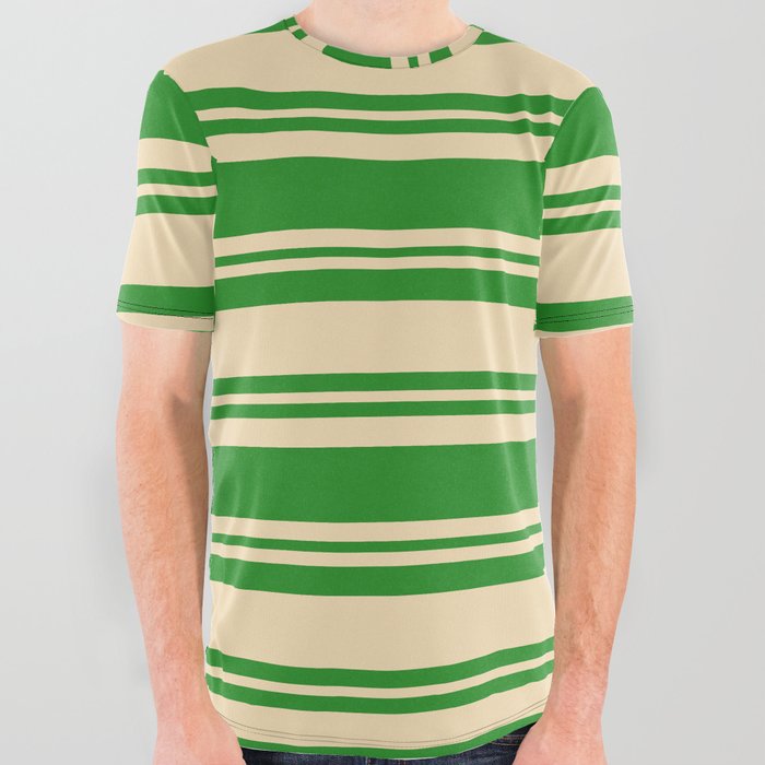 Forest Green and Tan Colored Lined Pattern All Over Graphic Tee