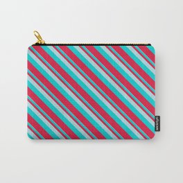 [ Thumbnail: Powder Blue, Dark Turquoise, and Crimson Colored Lined Pattern Carry-All Pouch ]