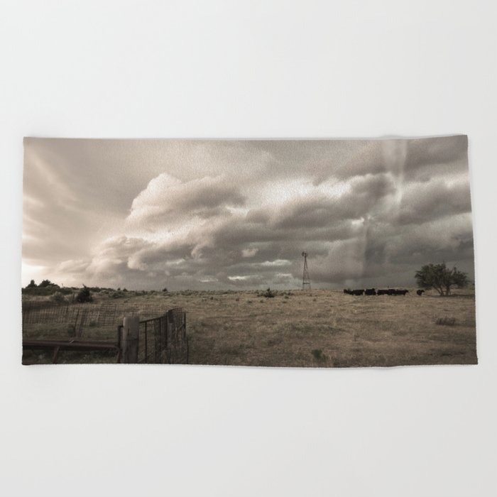 That Ol' Wind - Storm Clouds Advance Over Country Landscape on a Stormy Day in Oklahoma Beach Towel