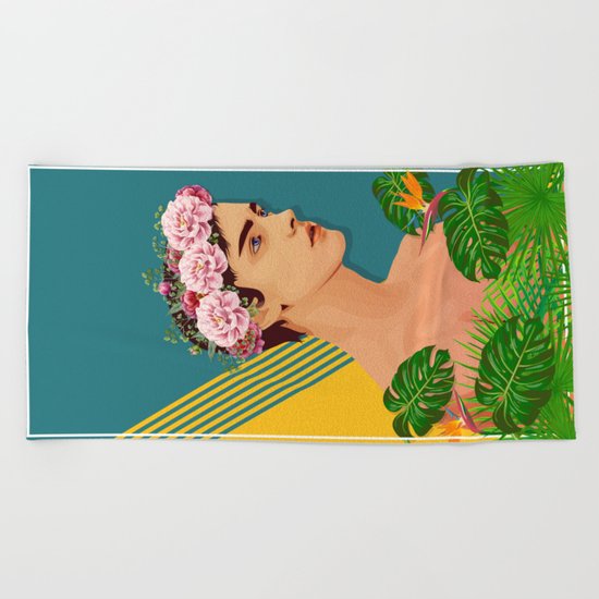 BOY OVER FLOWERS Beach Towel