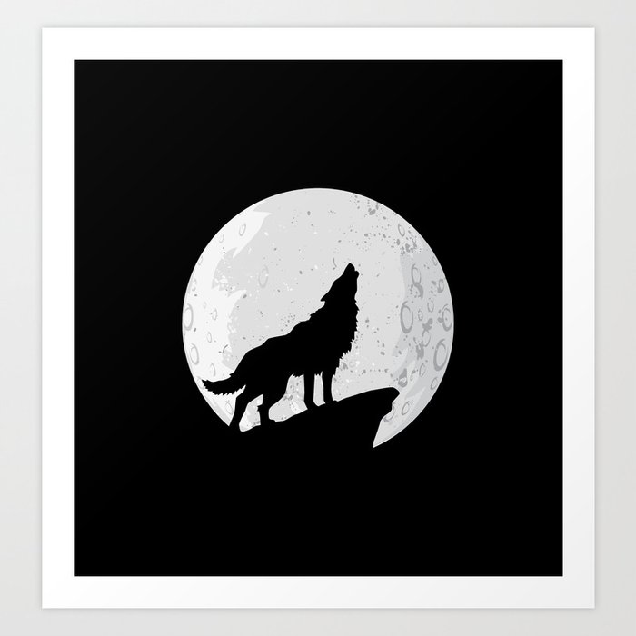 Wolf Howling To The Moon Art Print By Monochromatic