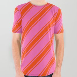 [ Thumbnail: Hot Pink and Red Colored Striped/Lined Pattern All Over Graphic Tee ]