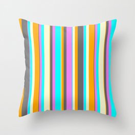 [ Thumbnail: Eye-catching Orange, Dim Grey, Violet, Cyan & Light Yellow Colored Pattern of Stripes Throw Pillow ]