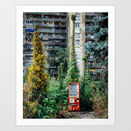 Urban Architecture with Plants and Tree, Abandoned Vending Machine in Overgrown Cityscape Art Print