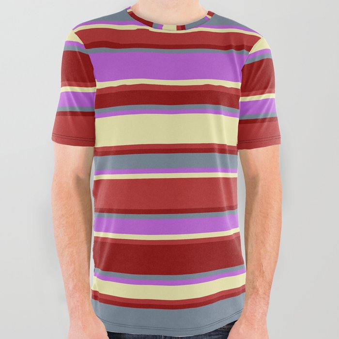 Eyecatching Slate Gray, Orchid, Pale Goldenrod, Red, and Dark Red Colored Lines/Stripes Pattern All Over Graphic Tee