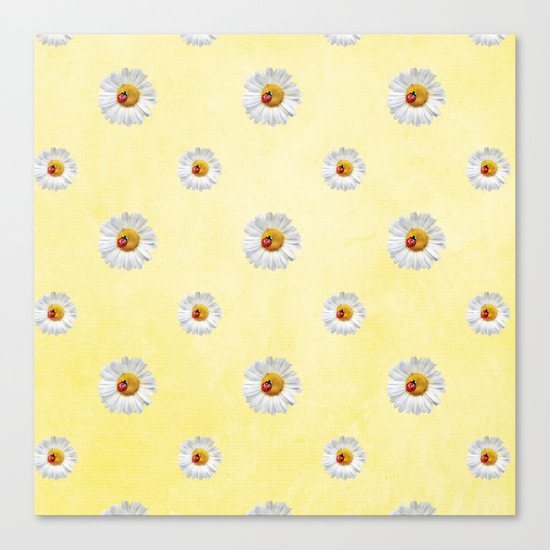 Daisies in love- Yellow Daisy Flower Floral pattern with Ladybug on #Society6 Canvas Print
