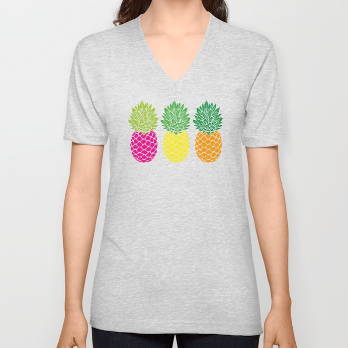 Pineapple Trio | Three Pineapples | Pineapple Silhouettes | Hot Pink | Yellow | Orange | V Neck T Shirt