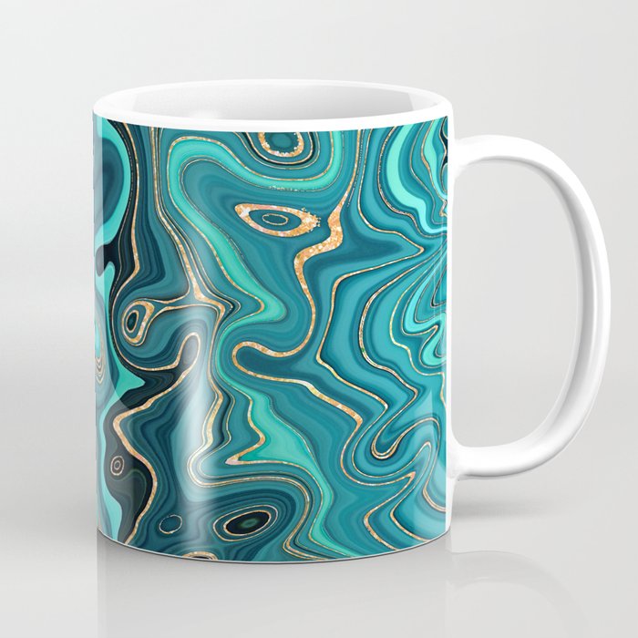 Peacock Teal + Hypnotic Gold Stylized Fluid Painting Coffee Mug