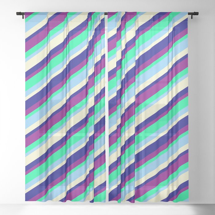 Eyecatching Purple, Green, Light Sky Blue, Light Yellow, and Blue Colored Lines/Stripes Pattern Sheer Curtain
