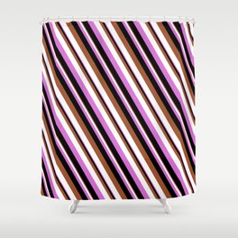 [ Thumbnail: Sienna, White, Orchid & Black Colored Striped Pattern Shower Curtain ]