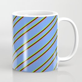 [ Thumbnail: Cornflower Blue, Green, and Maroon Colored Stripes/Lines Pattern Coffee Mug ]