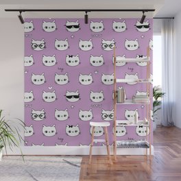Cute pink pattern with stars glasses wow cats. Pets seamless background. Textiles for children Wall Mural