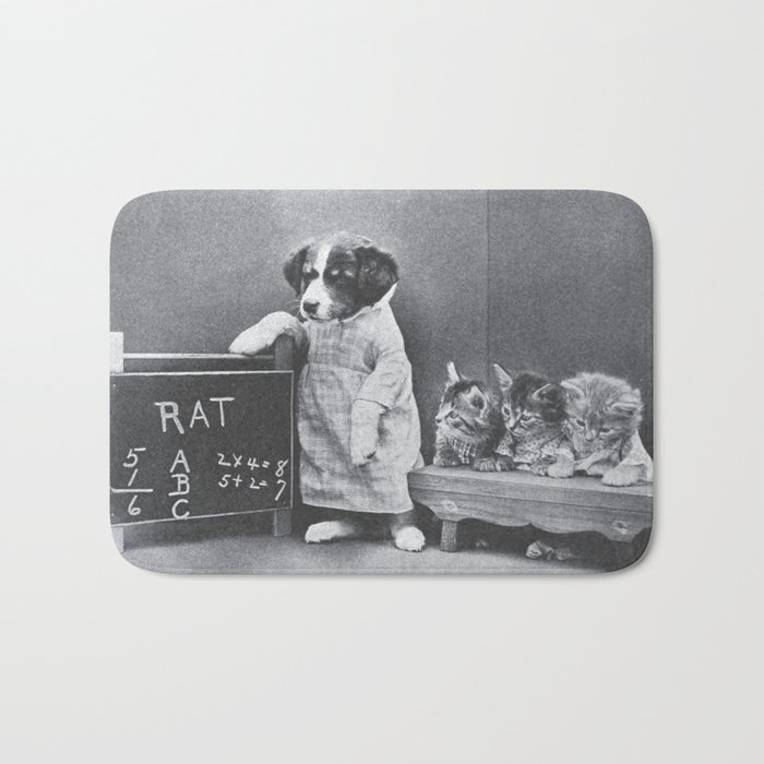 1915 vintage puppy teaching kittens calculus of catching a rat education cute animal portrait black and white photograph - photography - photographs Bath Mat