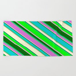 [ Thumbnail: Vibrant Dark Turquoise, Lime, Orchid, Light Yellow, and Dark Green Colored Stripes Pattern Beach Towel ]