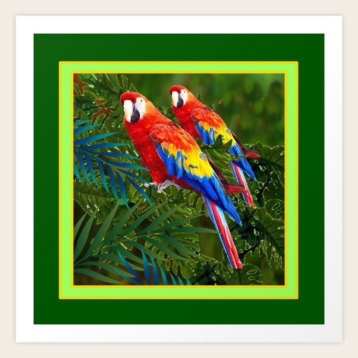 Green Jungle 2 Red Macaw Parrots Art Print By Sharlesart