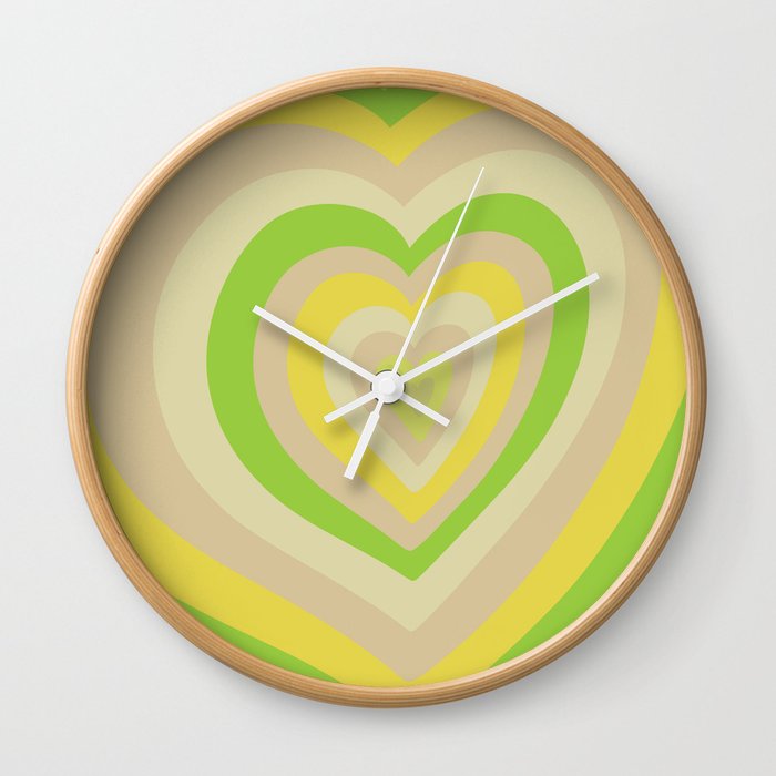 Retro Groovy Love Hearts - lime green yellow beige Wall Clock