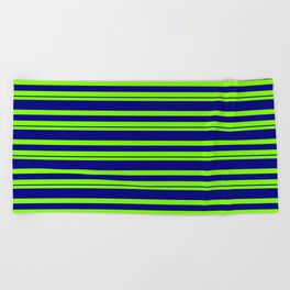 [ Thumbnail: Chartreuse and Blue Colored Lines/Stripes Pattern Beach Towel ]