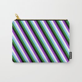 [ Thumbnail: Eye-catching Dark Orchid, White, Light Sky Blue, Forest Green, and Black Colored Stripes Pattern Carry-All Pouch ]