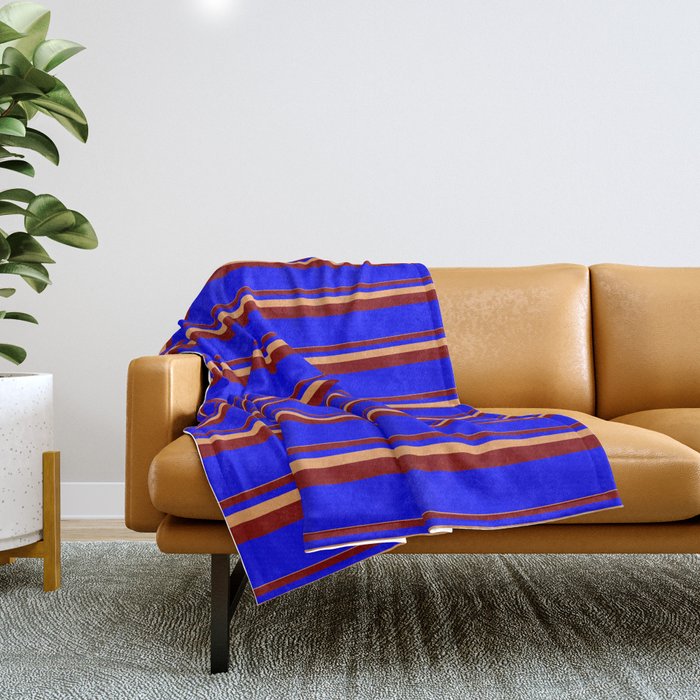 Brown, Maroon, and Blue Colored Lined Pattern Throw Blanket