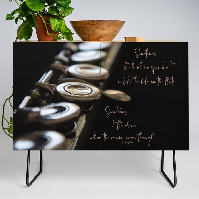 Where the Music Comes Through Flute Still Life with Quote Credenza