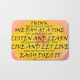 Recovery Slogans Yellow Pink Bath Mat | Listenandlearn, Liveandletlive, Recoveryslogans, Sober, Graphicdesign, Gifts, Letgoandletgod, Anonymous, Firstthingsfirst, Onedayatatime 