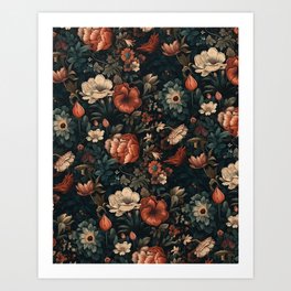 Vintage Aesthetic Beautiful Flowers, Nature Art, Dark Cottagecore Plant Collage - Flower Art Print