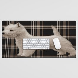 Westie and Stretched Westies on Sepia Plaid  Desk Mat