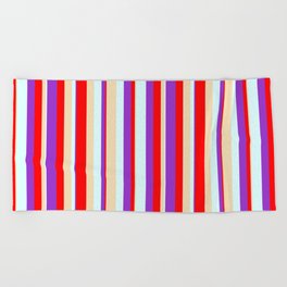 [ Thumbnail: Red, Dark Orchid, Light Cyan, and Tan Colored Stripes Pattern Beach Towel ]