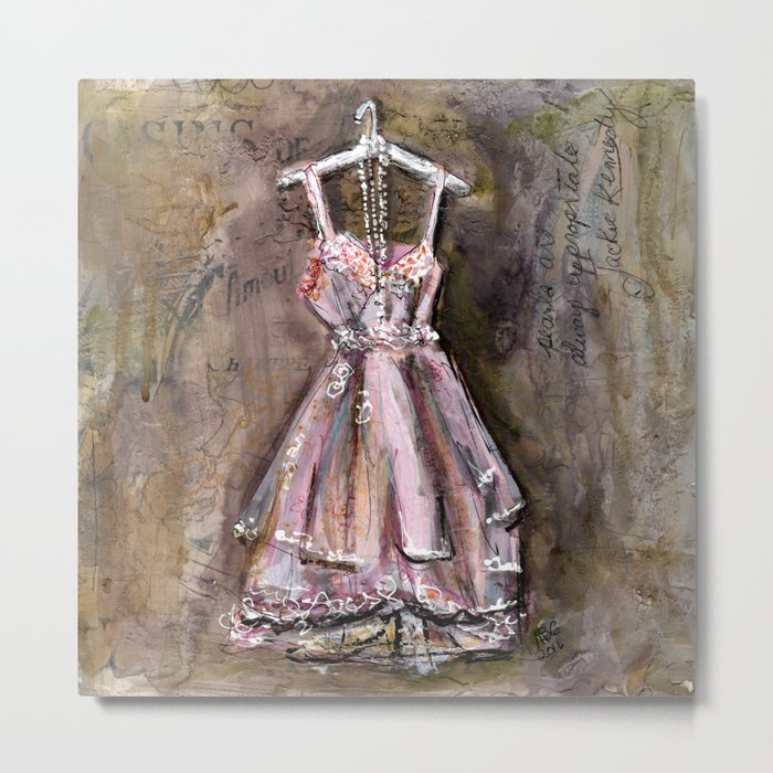 Vintage Pink Dress with Pearls Mixed Media Metal Print