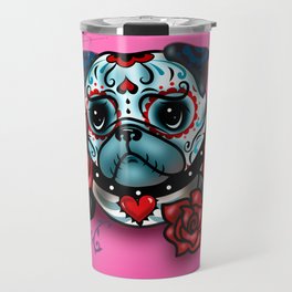Sugar Skull Pug with Roses on Hot Pink Travel Mug