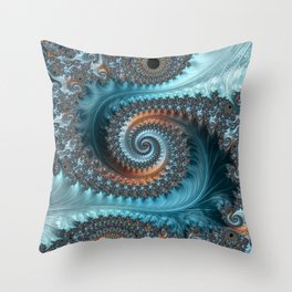 Feathery Flow - Teal and Taupe Fractal Art Throw Pillow