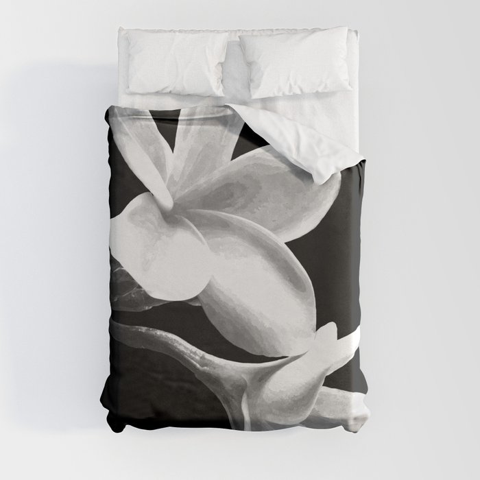 White Flowers Black Background Duvet Cover