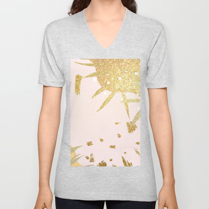 Elegant Abstract Pink Gold Glitter Floral Brushstrokes V Neck T Shirt