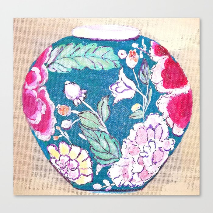 Chinoiserie blue vase, red rose Canvas Print