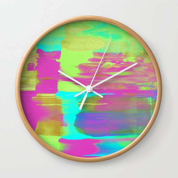 Neon Paint Smear with Magenta, Teal, Lime and Gold Wall Clock