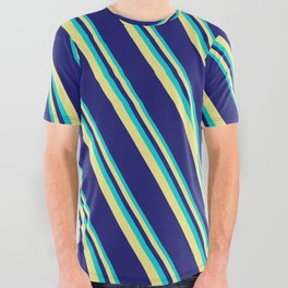 [ Thumbnail: Dark Turquoise, Tan, and Midnight Blue Colored Lines/Stripes Pattern All Over Graphic Tee ]