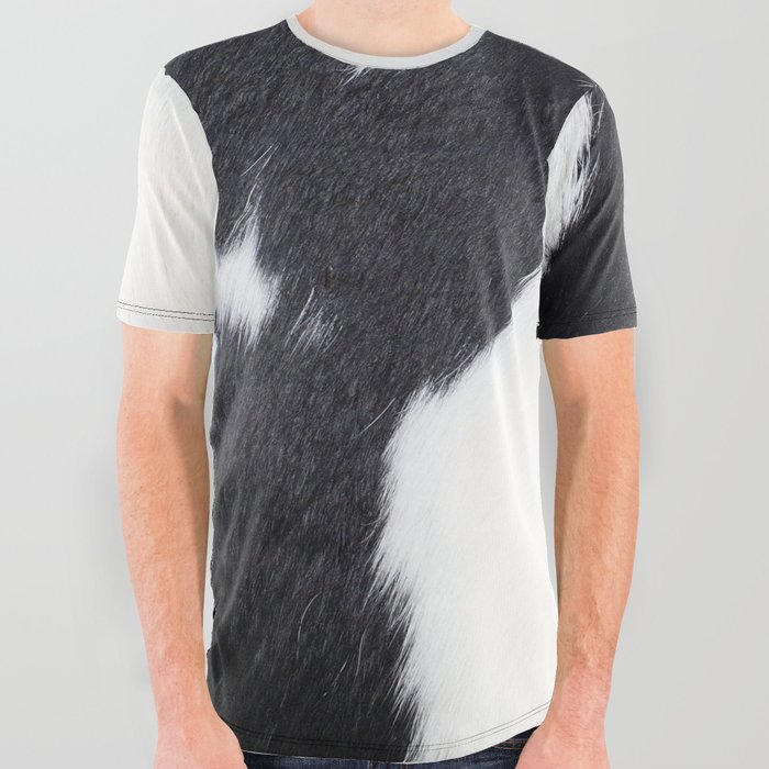 Black and White Cowhide, Cow Skin Print Pattern All Over Graphic Tee