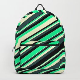 [ Thumbnail: Green, Light Yellow, Dark Slate Gray & Black Colored Lined/Striped Pattern Backpack ]