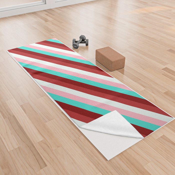 Light Pink, Turquoise, Maroon, Red, and Mint Cream Colored Lined/Striped Pattern Yoga Towel