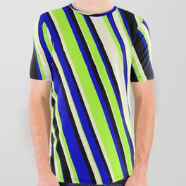 [ Thumbnail: Blue, Light Green, Beige & Black Colored Lines/Stripes Pattern All Over Graphic Tee ]