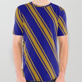 [ Thumbnail: Blue & Dark Goldenrod Colored Lines Pattern All Over Graphic Tee ]