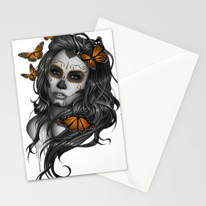 Sugar Skull Tattoo Girl With Butterflies Stationery Cards By