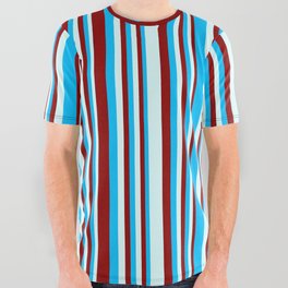 [ Thumbnail: Deep Sky Blue, Dark Red & Light Cyan Colored Pattern of Stripes All Over Graphic Tee ]