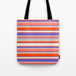 [ Thumbnail: Eye-catching Slate Blue, Grey, Beige, Salmon, and Red Colored Striped Pattern Tote Bag ]
