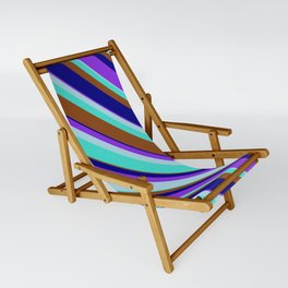 [ Thumbnail: Eyecatching Purple, Light Blue, Turquoise, Brown & Blue Colored Striped Pattern Sling Chair ]