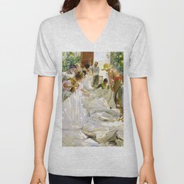 Joaquin Sorolla y Bastida - Sewing the sail 1896 V Neck T Shirt