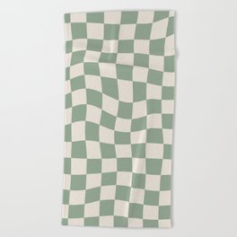Sage Green Wavy Checkered Pattern Beach Towel