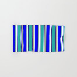 [ Thumbnail: Blue, Tan, Light Sea Green, and White Colored Striped Pattern Hand & Bath Towel ]